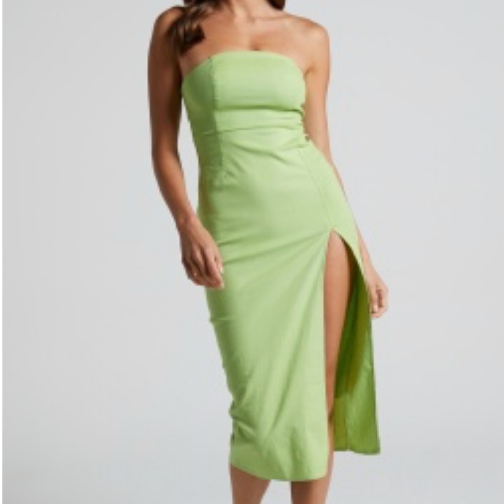 Hannie Midi Dress - Thigh Split Strapless Dress in Green, Showpo, Size 8